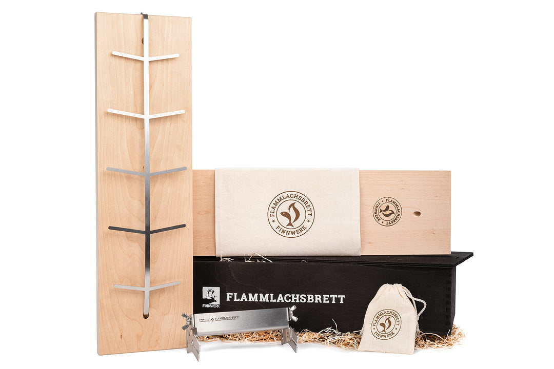 FINNWERK Flammlachsbrett Geschenkset - Lachsbretter mit Halterung aus Edelstahl und patentiertem Win