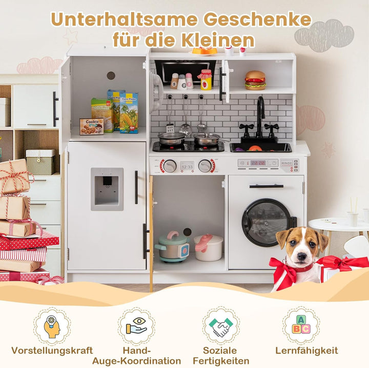 COSTWAY Kinderküche mit Licht und Sound, Spielküchen Holz mit Ofen Mikrowelle Telefon Wasserspender,