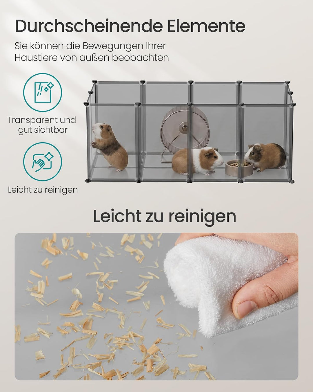 SONGMICS Freigehege mit Bodenplatten, Laufstall, Meerschweinchen Gehege, aus Kunststoff, Gehege für
