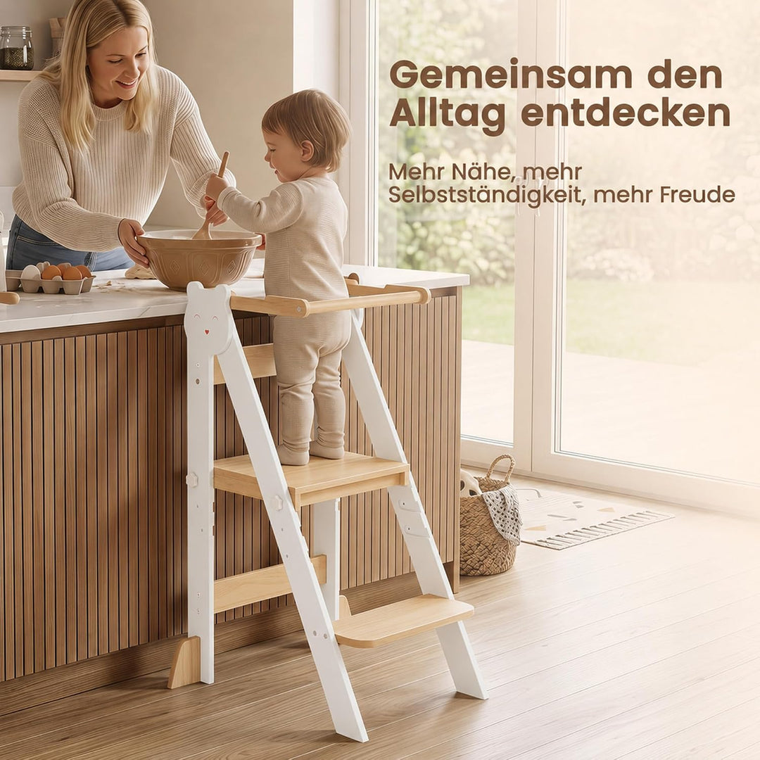 Lernturm Klappbar &amp; 3-Fach Höhenverstellbar - Kippsicherer Learning Tower aus Kiefernholz - Mitwachs