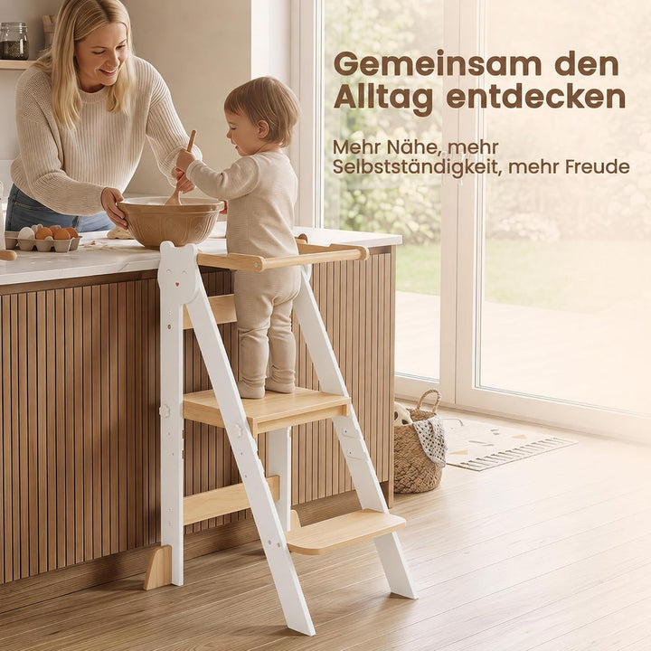 Lernturm Klappbar &amp; 3-Fach Höhenverstellbar - Kippsicherer Learning Tower aus Kiefernholz - Mitwachs