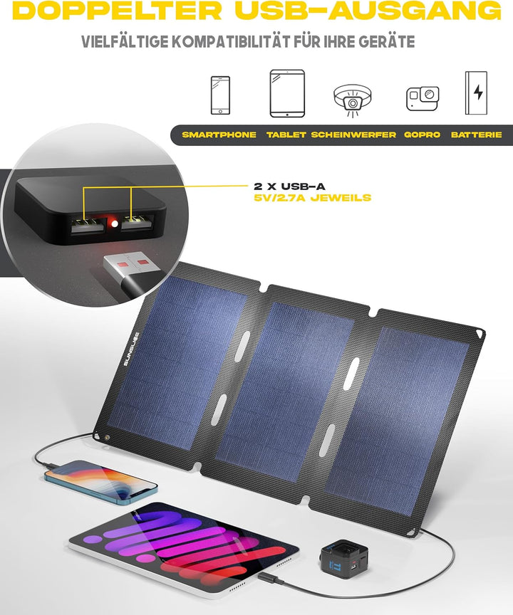 Solar Charger Outdoor, Solarmodul flexibel, Solaranlage Camping, Solar Charger wasserdicht mit leist