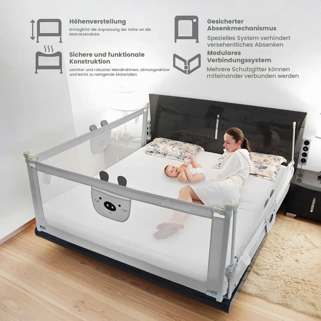 Primabobo Bettgitter Set 3 Stück Bär – 2X 200 cm + 1x 140 cm – Rausfallschutz Kinderbett, Bettgitter