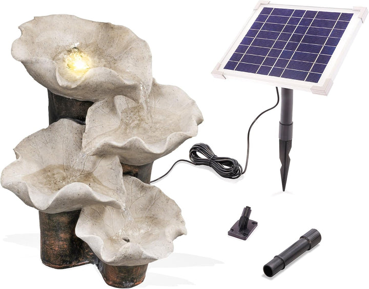 esotec Lotusblätter Solarbrunnen, Akku, LED, Kaskadenbrunnen, freistehender Springbrunnen, Lotus Gar
