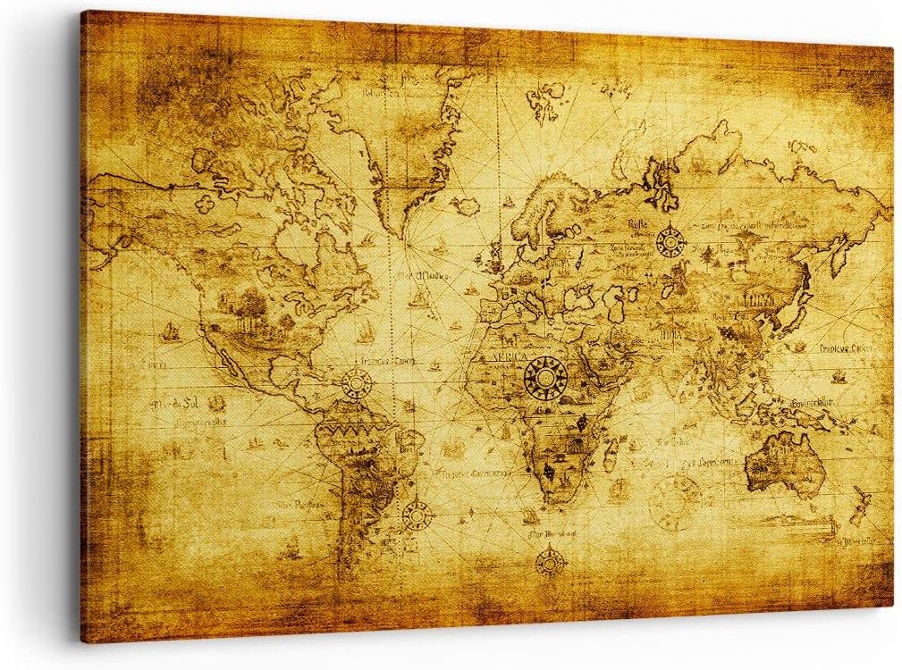 ARTTOR Bilder auf Leinwand 100x70cm Leinwandbild Karte Welt Kontinente Gross Wanddeko Bild Schlafzim