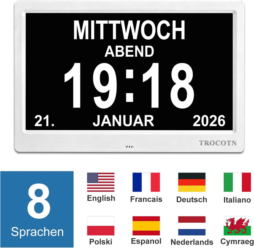 TROCOTN 10 Zoll Digitale Uhr Tagesuhr Grosses Display Wecker Wanduhr (Weiss) 10 Zoll Weiss, 10 Zoll