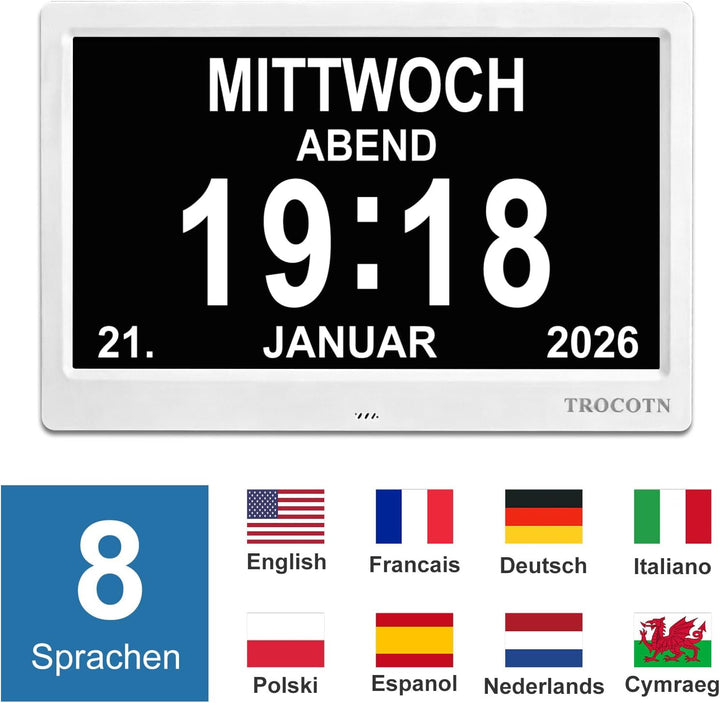 TROCOTN 10 Zoll Digitale Uhr Tagesuhr Grosses Display Wecker Wanduhr (Weiss) 10 Zoll Weiss, 10 Zoll