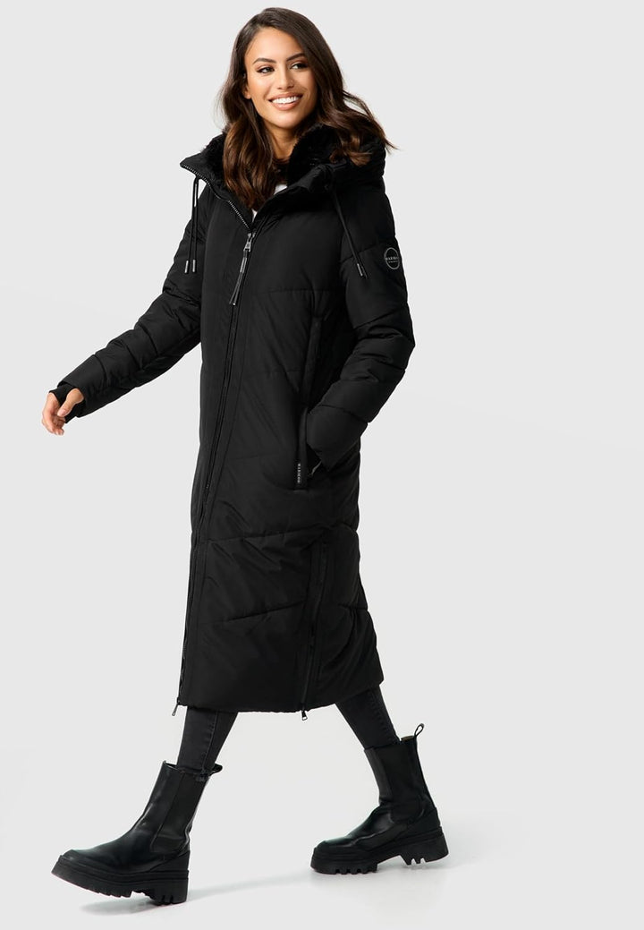 MARIKOO Damen Wintermantel warmer Steppmantel lang mit verstellbarer Kapuze und hohem Kragen Nadaree