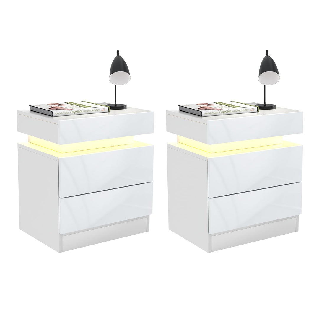 Lvhecforhm Nachtschrank 2er Set Weiss, Hochglanz Nachttisch, Modern Nachttisch 2 Schubladen, Nachtis