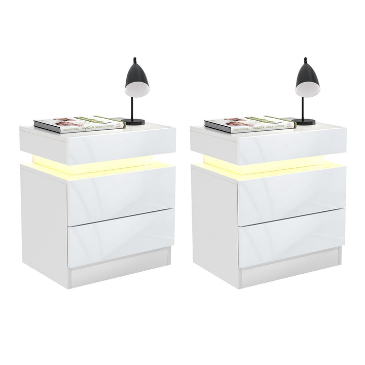 Lvhecforhm Nachtschrank 2er Set Weiss, Hochglanz Nachttisch, Modern Nachttisch 2 Schubladen, Nachtis
