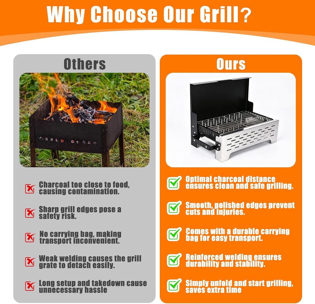 GFTIME Klappgrill Camping Grill Holzkohlegrill Tischgrill für Outdoor BBQ, Edelstahl Tragbar Faltbar