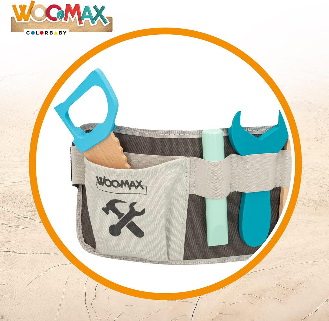 WOOMAX 49304 Werkzeuggürtel für Kinder, inklusive 12 Teilen, Kinderspielzeug aus Holz, Arbeit und Ba