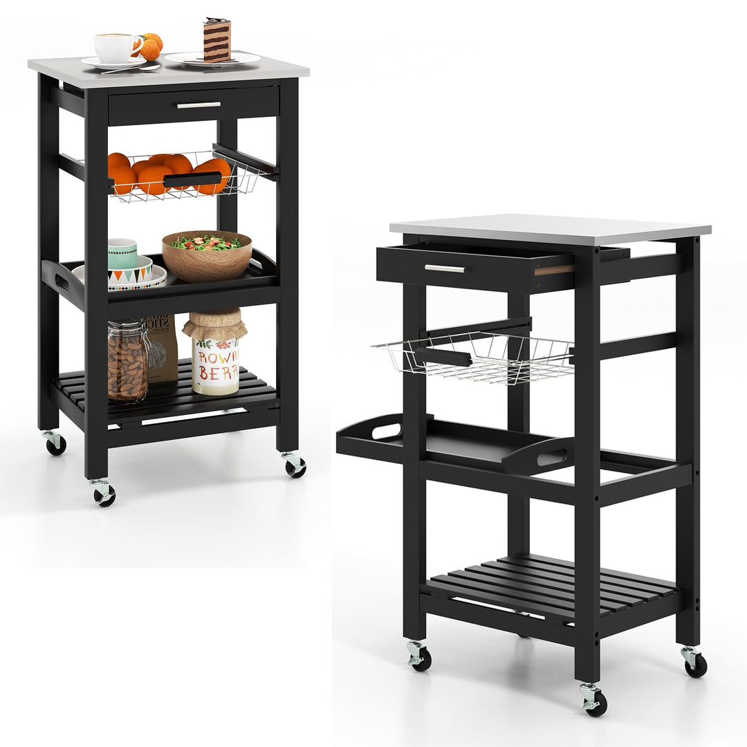KOMFOTTEU Servierwagen mit Edelstahl Arbeitsplatte, Küchenwagen Klein, Rollwagen mit Schublade & Abl