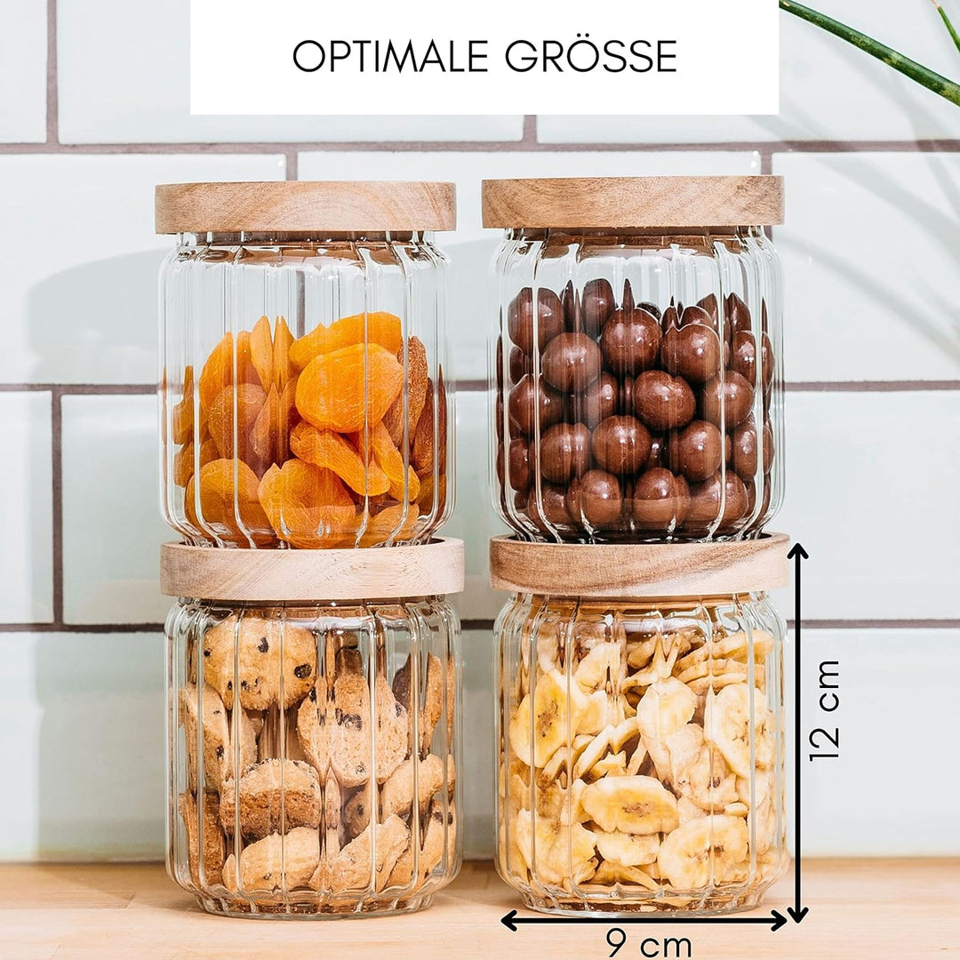 Econovo® geriffelte Vorratsgläser mit Deckel (500ml | 4-tlg.), stapelbar und luftdicht, Aufbewahrung