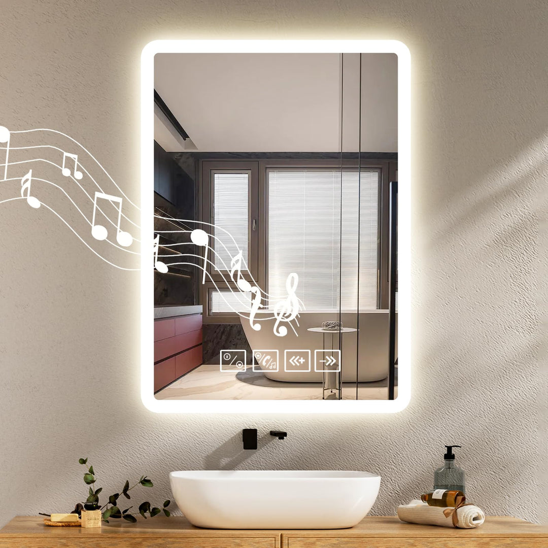 Badspiegel mit Beleuchtung mit Bluetooth Lautsprecher 50x70cm,Runden LED Badezimmerspiegel mit Entfo
