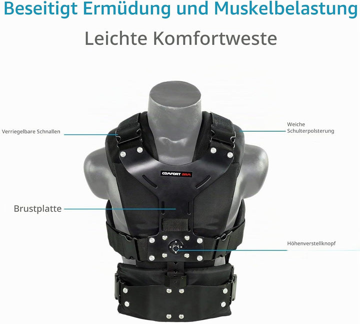 FLYCAM 5000 Videokamerastabilisator mit Komfortarm und Steadycam Weste + GRATIS Tischklemme | Stabil
