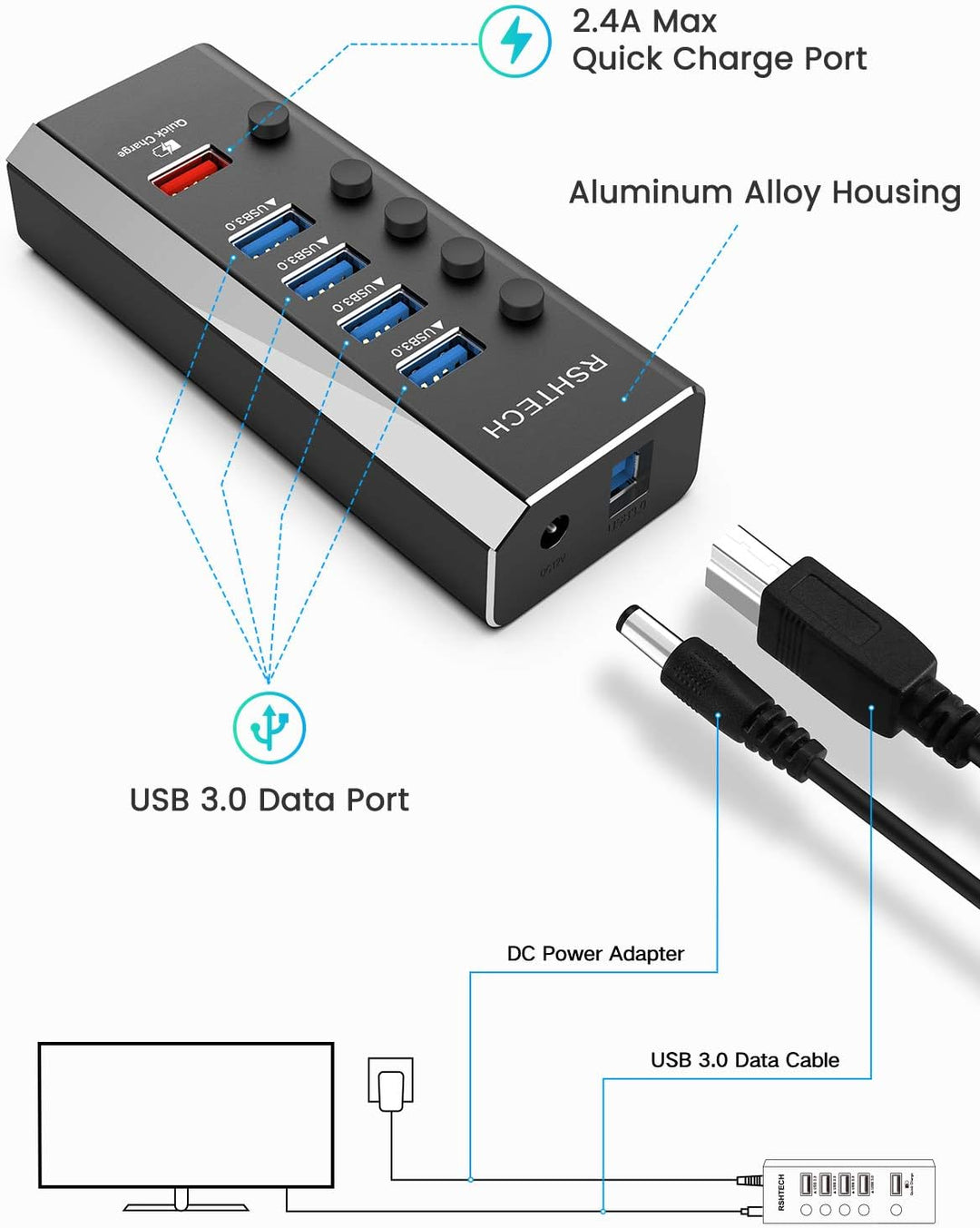 RSHTECH Aluminium USB Hub Aktiv 3.0 mit 24W Netzteil, mit 1*Schnellladeanschluss, 4*USB 3.0 Datenans
