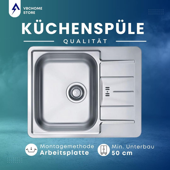 VBChome Edelstahlspüle 62x50 cm Satinstruktur Spülbecken Einbauspüle Abtropffläche Camping Küchenspü