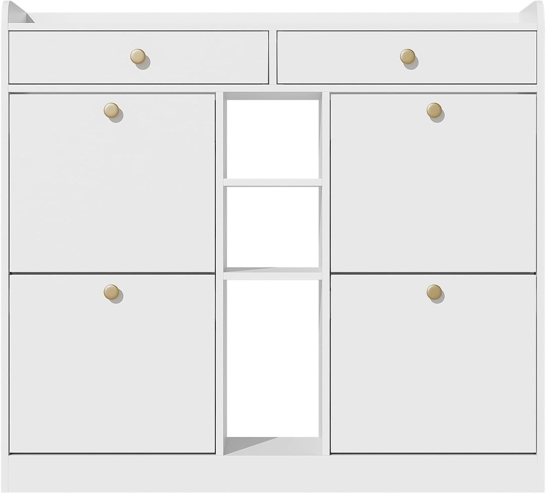 Merax Schuhschrank 110x26x100 cm, mit 4 Klapptüren 2 Schubladen 3 offenen Fächern, Platzsparender Sc
