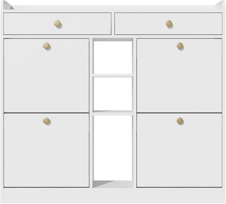 Merax Schuhschrank 110x26x100 cm, mit 4 Klapptüren 2 Schubladen 3 offenen Fächern, Platzsparender Sc