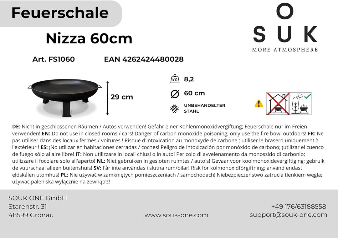 SOUK ONE Feuerschalen, Feuerschale Ø 60 cm Nizza Feuerstelle für den Garten, Terrasse und Balkon, Fe