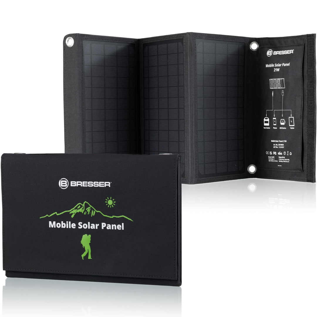Bresser Solar Ladegerät 21W mit USB-A- und DC-Anschluss inkl. Adaptern, Solar-Panel als Ladegerät fü