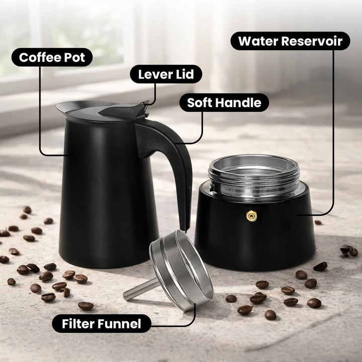 ROYAL SWISS® Edelstahl Mokkakanne 4 Tassen – Espressokocher Induktion | Italienischer Kaffeekocher |