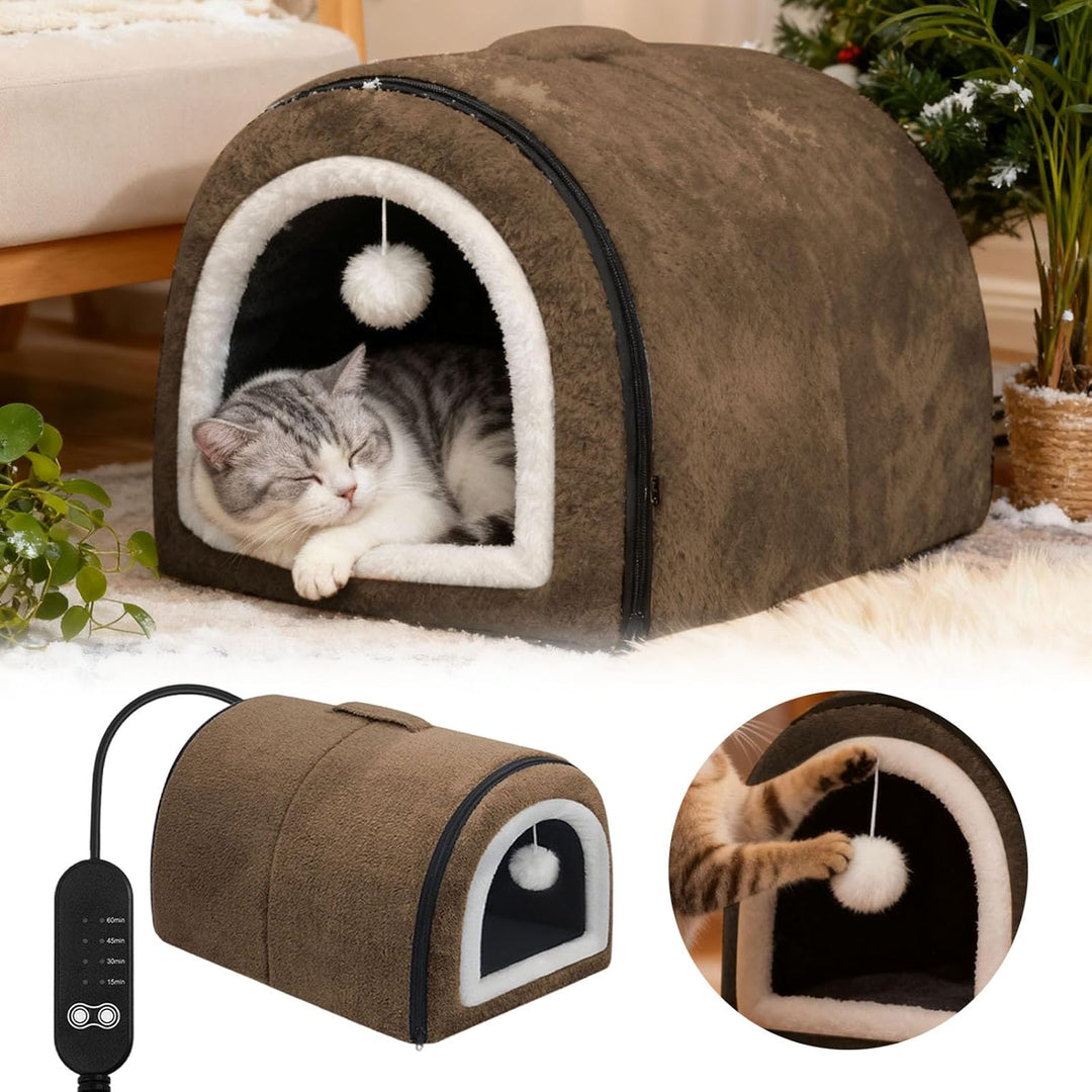 Beheiztes Katzenbett Katzenhöhle, Abnehmbare Halb-Umschliessende Nestform mit Gewölbtem Dach & Tempe