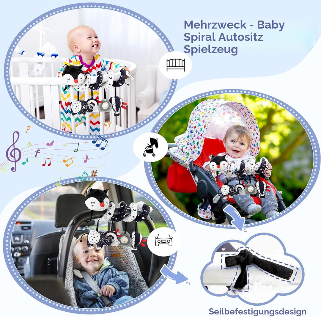 Funsland Kinderwagen Spielzeug, Baby Activity Spirale Spielzeug mit Musik, Hängen Plüsch Schwarz Wei
