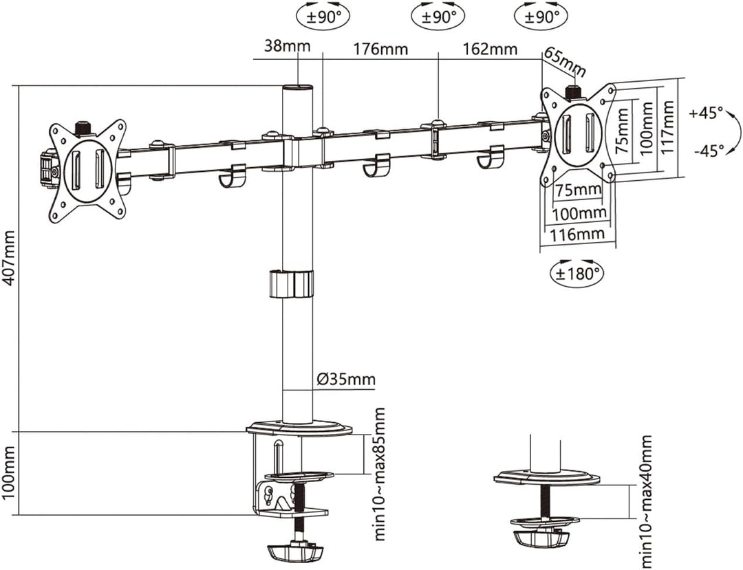 AISENS Eco-Tischhalterung, drehbar und neigbar, für Monitor/TV, 9 kg (3 Schwenken, 2 Arme), 17-32 cm