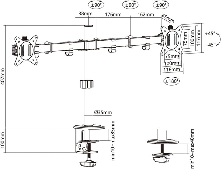 AISENS Eco-Tischhalterung, drehbar und neigbar, für Monitor/TV, 9 kg (3 Schwenken, 2 Arme), 17-32 cm