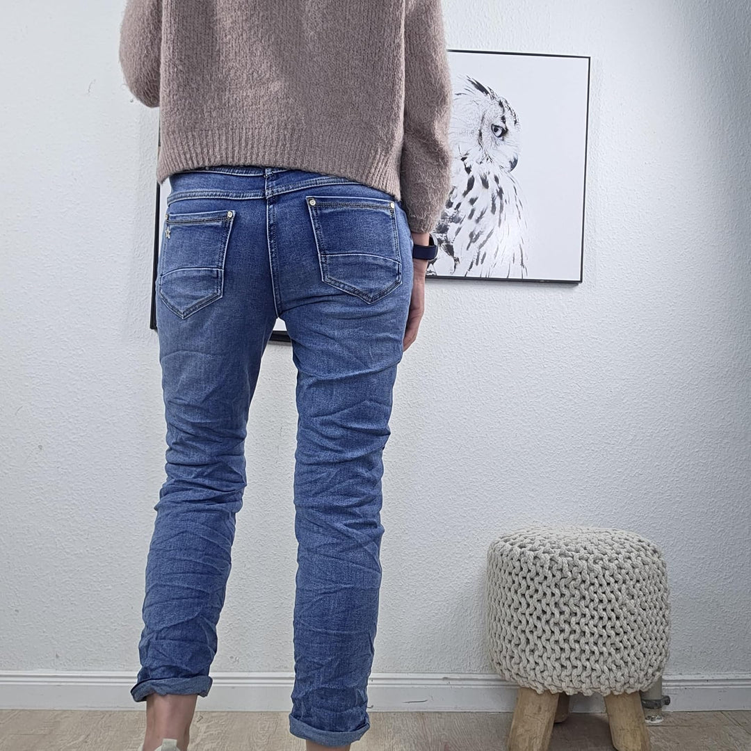 Karostar Damen Boyfriend Stretch Jeans mit offener Knopfleiste L Denim Middle Blue, L Denim Middle B