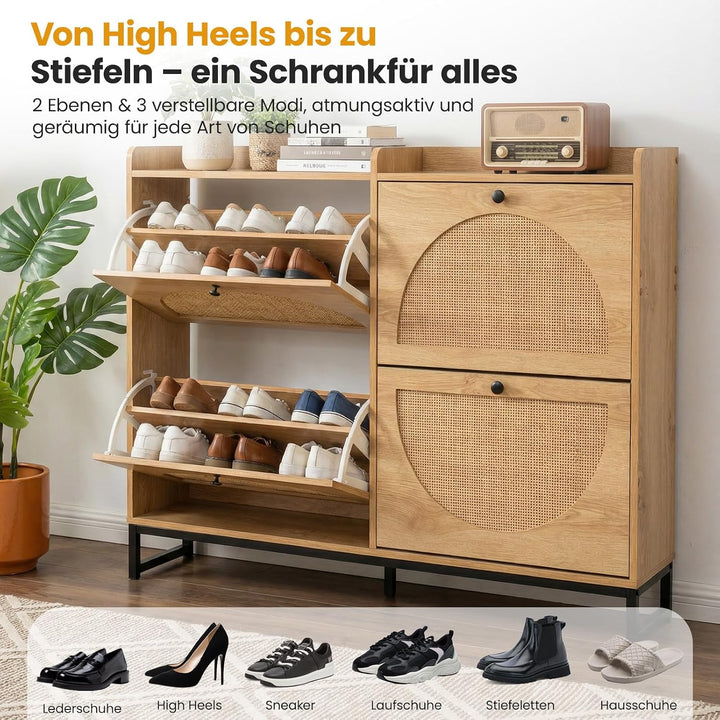 Trintion Rattan Schuhschrank Schmal mit 4 Klappen, Schuhkipper mit Verstellbaren Einlegeböden, Nur 2