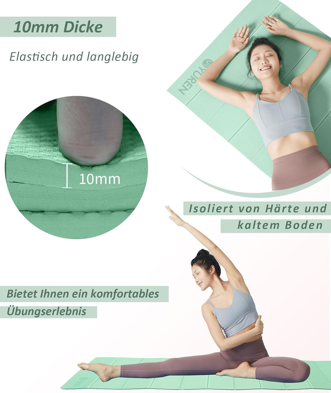 Faltbar Yogamatte 195×90cm TPE Fitnessmatte Rutschfest Tragbar Gymnastikmatte 10mm Dicke Trainingsma