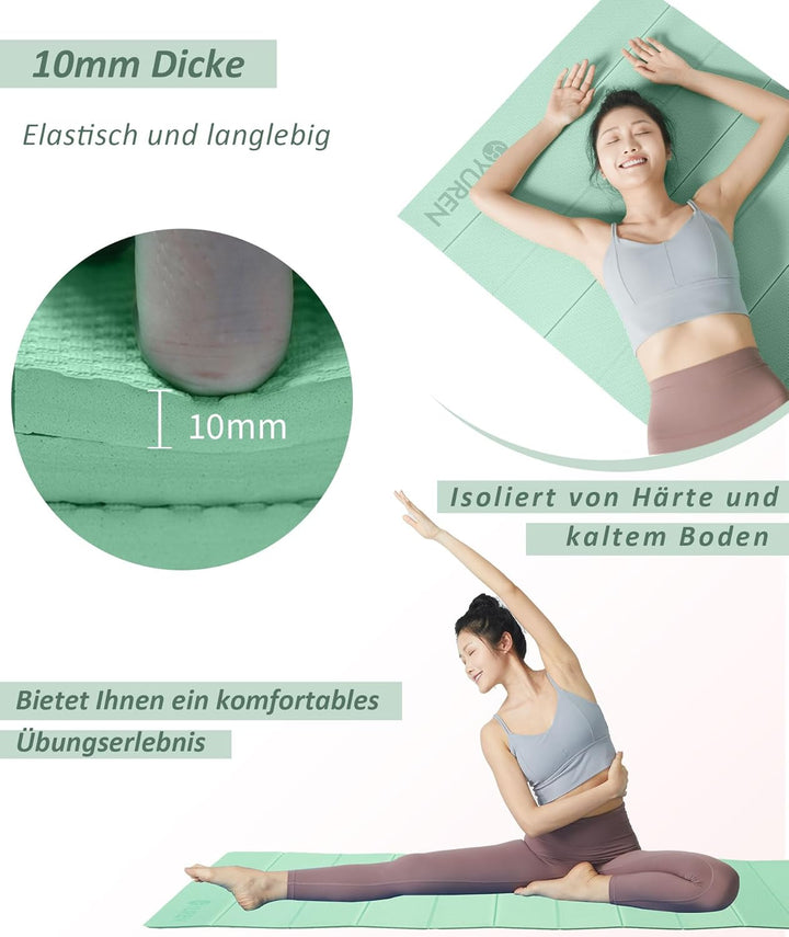 Faltbar Yogamatte 195×90cm TPE Fitnessmatte Rutschfest Tragbar Gymnastikmatte 10mm Dicke Trainingsma