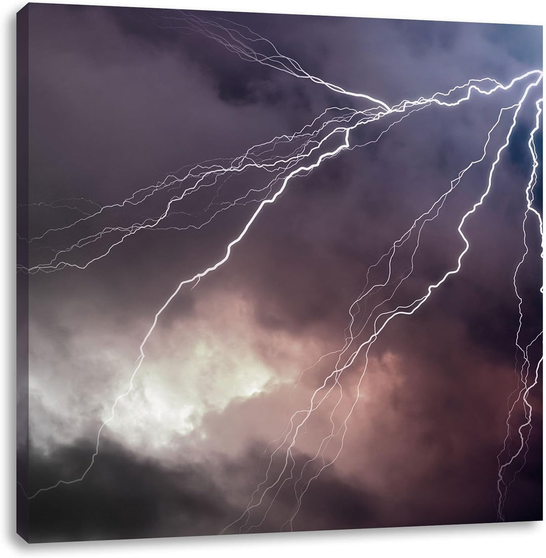 Pixxprint riesiger Blitz am Gewitterhimmel schwarz/weiss, Format: 70x70 auf Leinwand, 70x70