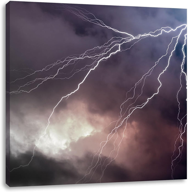Pixxprint riesiger Blitz am Gewitterhimmel schwarz/weiss, Format: 70x70 auf Leinwand, 70x70