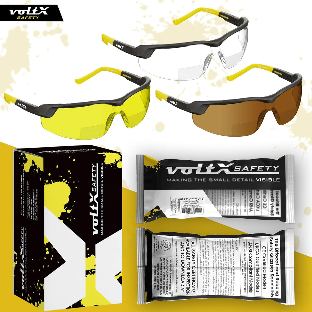 voltX 3 x GT ADJUSTABLE Bifokale Lesen Schutzbrille (KLAR, GELB, BRAUN +2.5 Dioptrie) CE EN166F, Ant