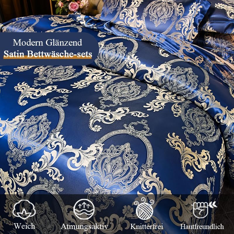 Tospass Bettwäsche 220x240 3Teilig Blau Dunkelblau Jacquard Satin Stickerei Prozess Blumen Bettwäsch