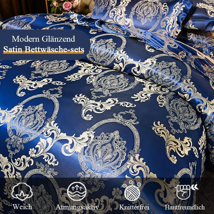 Tospass Bettwäsche 220x240 3Teilig Blau Dunkelblau Jacquard Satin Stickerei Prozess Blumen Bettwäsch
