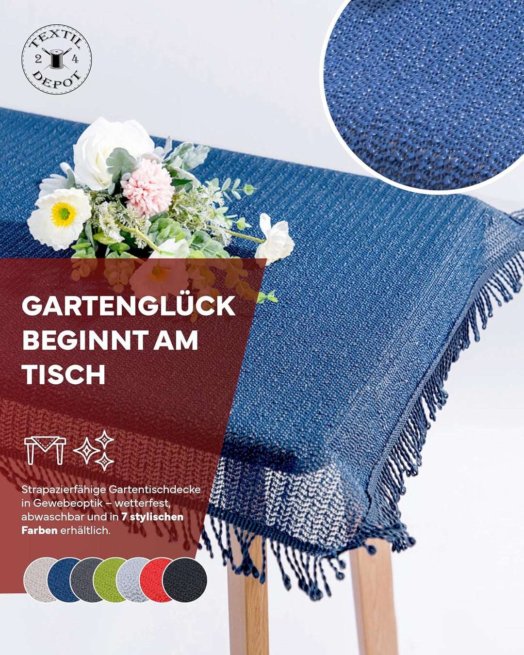 texpot Gartentischdecke mit Fransen - wetterfest - geschäumt - rutschfest (160 x 220 cm oval, Blau)
