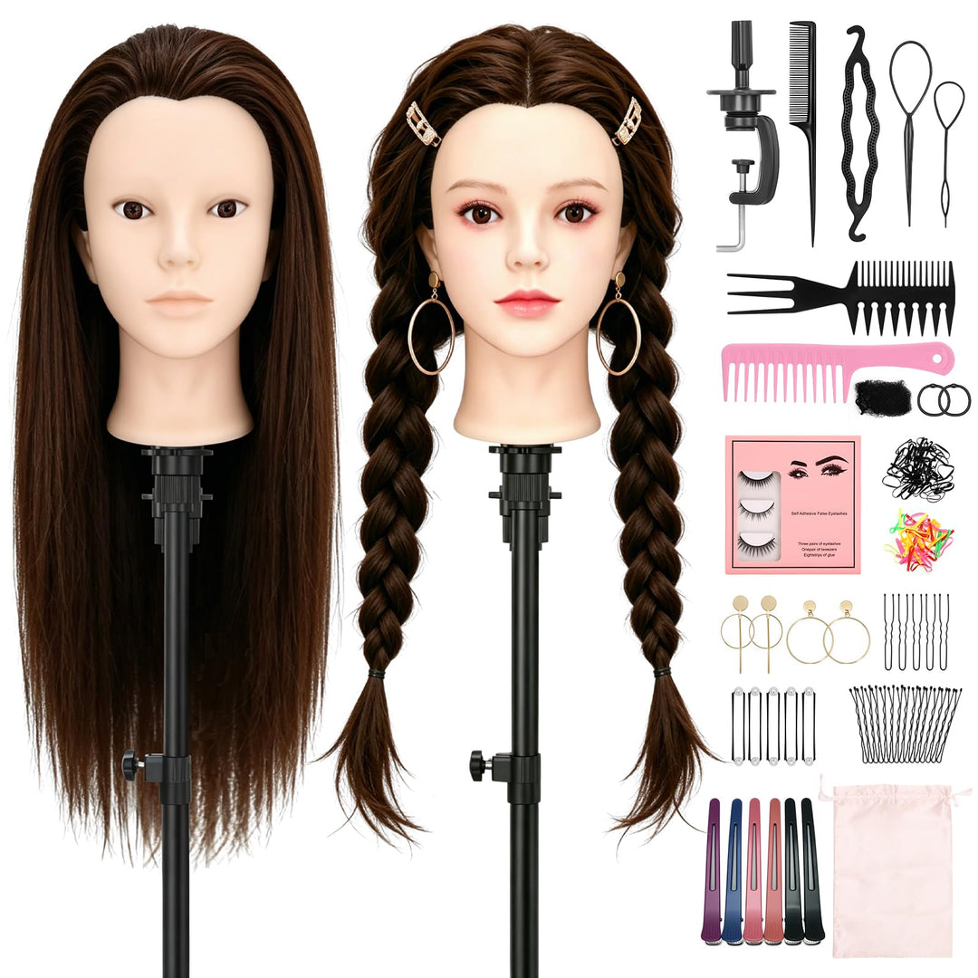 Yofuly 24Zoll / 61cm Frisierkopf mit Ohrlöchern, 80% Echthaar Übungskopf, Make-up Frisieren Training