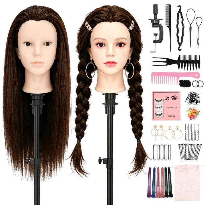 Yofuly 24Zoll / 61cm Frisierkopf mit Ohrlöchern, 80% Echthaar Übungskopf, Make-up Frisieren Training