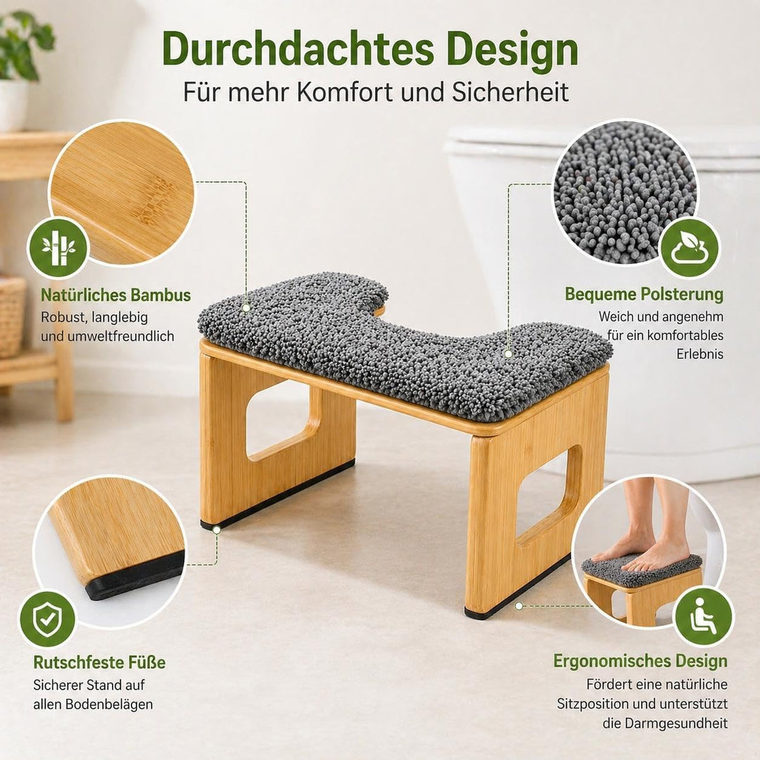 Bambus Toilettenhocker mit Kissen 20 cm hoch – ergonomischer Fusshocker WC aus Holz, rutschfest, bel