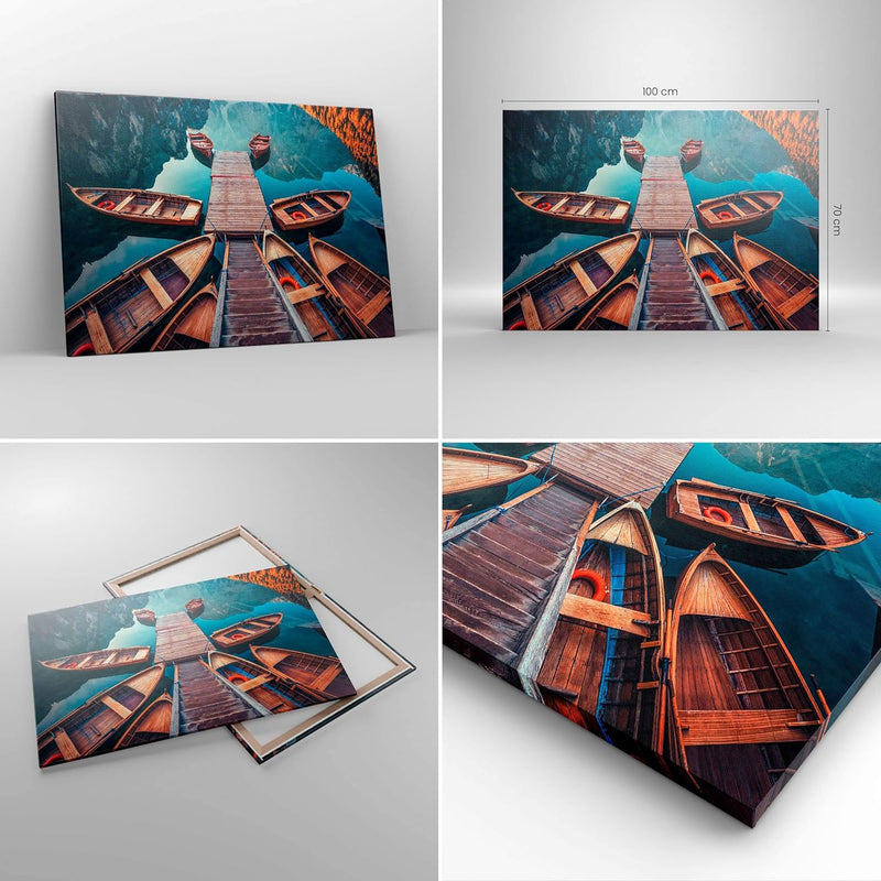 Bilder auf Leinwand 100x70cm Leinwandbild mit Rahmen Berge Boot Wasser Gross Wanddeko Bild Schlafzim