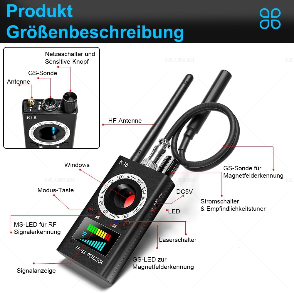 Wanzen Detektor RF Wireless, Anti Spy Detector für GSM Tracker Abhörgeräte Funkkameras Wanzenfinder