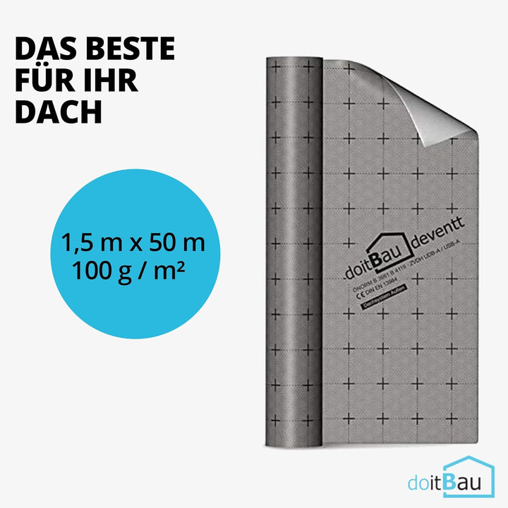 2 doitBau Unterspannbahn 1,5m x 50m (75m²) 100g/m² - Wasserdicht | Diffusionsoffen | Alterungsbestän