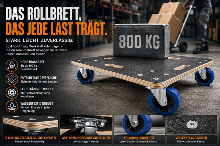 Möbelroller bis 800 kg Tragkraft - aus 18 mm Multiplex Holz mit Rutschfester Siebdruckplatte &amp; 4 Len