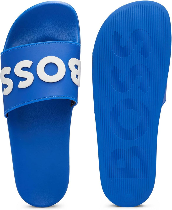 BOSS Herren Kirk Slid In Italien gefertigte Slides mit erhabenem Logo Grösse 35 EU Blau, 35 EU Blau
