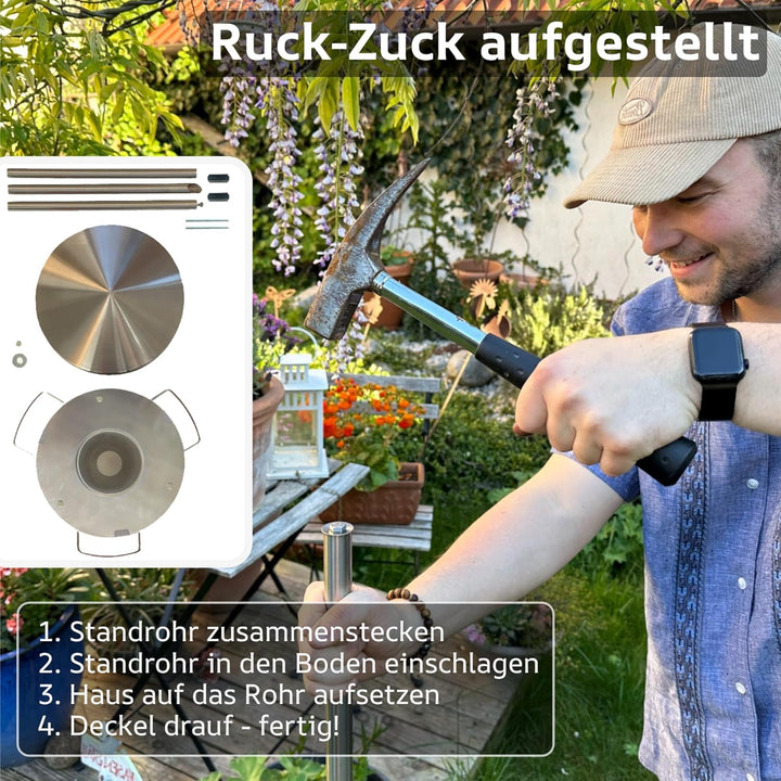 Vogelhaus mit Ständer wetterfest aus Edelstahl - Stabiles Vogelfutterhaus für draussen, modern aus M